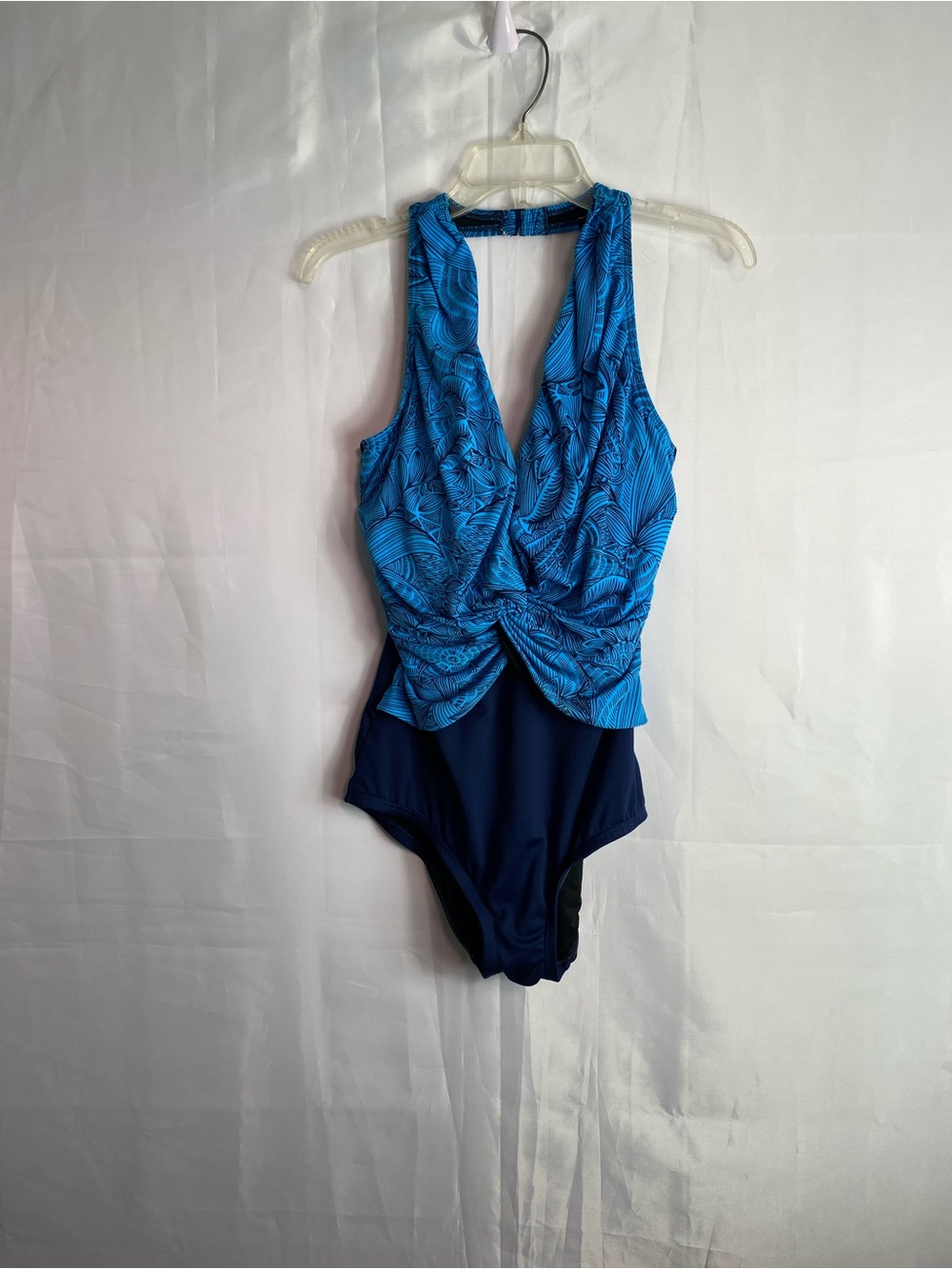 Twist-Front Blue Patterned One-Piece Swimsuit
